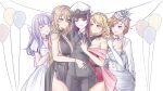  5girls alternate_costume anniversary azur_lane balloon breasts choker cleavage cowboy_shot dress evening_gown female_commander_(azur_lane) highres hood_(azur_lane) hood_(dawnlight&#039;s_dame)_(azur_lane) hug implacable_(azur_lane) large_breasts military_uniform multiple_girls naval_uniform necktie official_alternate_costume plymouth_(azur_lane) prince_of_wales_(azur_lane) pumpkinpaii uniform 