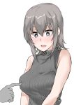  1boy 1girl blush breast_poke breasts bright_pupils casual commentary elf_(stroll_in_the_woods) girls_und_panzer grey_eyes grey_hair grey_shirt hetero highres itsumi_erika medium_breasts poking ribbed_shirt shirt simple_background sleeveless sleeveless_turtleneck textless_version turtleneck white_background white_pupils 