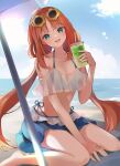  1girl 7aka_ne11 absurdres aqua_eyes barefoot beach bikini breasts cleavage cloud cloudy_sky cup eyewear_on_head feet flower-shaped_eyewear genshin_impact highres holding holding_cup juice long_hair medium_breasts midriff nilou_(genshin_impact) ocean open_mouth red_hair sky smile solo stomach sunglasses swimsuit toes twintails 