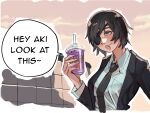  1girl black_hair black_jacket black_necktie black_suit blue_eyes chainsaw_man collared_shirt cup disposable_cup drinking_straw english_text eyepatch formal grimace_shake_(meme) highres himeno_(chainsaw_man) holding holding_cup jacket meme necktie office_lady open_mouth outdoors ribosoma_42 shirt short_hair solo speech_bubble suit suit_jacket white_shirt 
