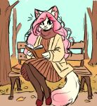  :3 anthro autumn bench book brown_scarf clothed clothing coat dipstick_tail domestic_cat dress felid feline felis female footwear fully_clothed fur gradient_hair hair holding_book holding_object inner_ear_fluff legwear long_hair looking_at_viewer mammal markings multicolored_body multicolored_fur orange_clothing orange_dress outside pink_body pink_fur pink_hair plant red_clothing red_footwear red_shoes scarf shoes sitting sitting_on_bench slither_wing_enjoyer smile solo stockings tail tail_markings topwear tree tuft two_tone_body two_tone_fur white_body white_fur yellow_clothing yellow_coat yellow_topwear 