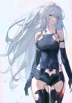  1girl a2_(nier:automata) absurdres android aqua_eyes black_gloves black_shorts breasts elbow_gloves ershuihe gloves grey_hair hair_between_eyes highres joints large_breasts long_hair mole mole_under_mouth nier:automata nier_(series) robot_joints short_shorts shorts simple_background solo very_long_hair 