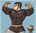  1boy absurdres artist_request bara beard black_hair breath bulge closed_eyes covered_abs covered_navel cropped_legs double_biceps_pose facial_hair fire_emblem fire_emblem:_the_sacred_stones flexing gilliam_(fire_emblem) goatee highres impossible_clothes large_pectorals long_sideburns male_focus mature_male muscular muscular_male pants pectorals reference_inset short_hair sideburns solo thick_eyebrows thick_thighs thighs veins veiny_arms 
