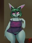  big_breasts breasts choker clothing female green_hair hair hi_res huge_breasts humanoid humanoid_pointy_ears jewelry league_of_legends necklace not_furry panties riot_games short_stack simple_background solo thingshappen underwear vex_(lol) wide_hips yordle 