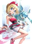  1girl absurdres arm_wrap blonde_hair blue_eyes breasts collar commentary_request eyelashes flat_chest glaceon gonzarez hair_between_eyes hairband highres irida_(pokemon) jewelry knees looking_at_viewer neck_ring pearl_clan_outfit pokemon pokemon_(creature) pokemon_(game) pokemon_legends:_arceus red_hairband shirt short_hair shorts strapless strapless_shirt waist_cape white_shorts 