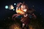  1girl :o absurdres ahoge aisaka_yunoha_(artist) ankle_boots asymmetrical_legwear autumn_leaves boots brown_capelet brown_cloak brown_corset brown_eyes brown_hair cape capelet cloak corset crossed_bangs friend_(nanashi_mumei) from_above gloves highres holding holding_lantern hololive hololive_english kneehighs lantern looking_at_viewer miniskirt multicolored_hair nanashi_mumei nanashi_mumei_(1st_costume) partially_fingerless_gloves pleated_skirt red_skirt ribbon runes shirt single_kneehigh single_sock single_thighhigh skirt sky socks star_(sky) starry_sky streaked_hair thighhighs virtual_youtuber white_shirt 