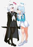  2girls a.r.o.n.a_(blue_archive) arona_(blue_archive) black_choker black_coat black_eyes black_footwear black_hairband black_pantyhose black_sailor_collar black_serafuku black_skirt blue_archive blue_eyes blue_serafuku blush bow bowtie braid choker coat colored_inner_hair hair_bow hair_over_one_eye hairband halo highres long_hair medium_hair multicolored_hair multiple_girls neckerchief open_clothes open_coat pantyhose pink_hair pleated_skirt pout red_pupils sailor_collar school_uniform serafuku single_braid skirt stone_(ksorede) very_long_hair white_bow white_bowtie white_choker white_footwear white_hair white_neckerchief white_sailor_collar white_skirt 
