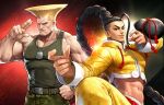  black_hair blonde_hair bottle bracelet braid breasts brown_eyes dog_tags guile han_juri impossible_hair jamie_siu jewelry official_art red_rope rope snk street_fighter street_fighter_6 tank_top the_king_of_fighters_all-stars wine_bottle 