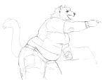  2022 anthro belly belt bottomwear cettus clock clothed clothing ear_piercing ear_ring female gesture gulonine leaning mammal midriff mustelid musteline open_mouth overweight overweight_anthro overweight_female pants piercing pointing ring_piercing shirt sketch solo tail topwear watch wolverine 