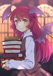  1girl bat_wings blurry blurry_background blush book book_stack brown_skirt brown_vest closed_mouth commentary_request from_side head_wings highres indoors koakuma long_hair looking_at_viewer nayozane_(worker7) necktie red_eyes red_hair red_necktie skirt skirt_set smile solo swept_bangs touhou upper_body very_long_hair vest window wings 