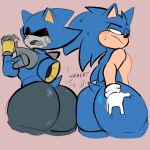  2023 anthro ass_to_ass big_butt black_nose blue_body blue_butt blush bodily_fluids butt butt_focus chipst3r clothing duo eulipotyphlan gloves gloves_only green_eyes grey_butt half-closed_eyes hand_on_butt handwear handwear_only hedgehog hi_res holding_butt looking_back machine male mammal metal_sonic mostly_nude narrowed_eyes onomatopoeia open_mouth pink_background red_eyes robot sega simple_background sonic_the_hedgehog sonic_the_hedgehog_(series) sound_effects standing sweat text white_clothing white_gloves white_handwear 