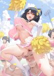  1boy 3girls :d black_hair blue_sky blush bouncing_breasts bow breasts brown_eyes cheering cheerleader cloud crop_top duck_hair_ornament english_commentary faceless faceless_female faceless_male female_pubic_hair gao_(gaolukchup) gloves hair_bow holding holding_pom_poms huge_breasts kneehighs lifting_person long_hair loogchoob_(gaolukchup) microskirt multiple_girls navel no_panties on_head original outdoors paid_reward_available person_on_head pink_shirt pink_skirt pleated_skirt pom_pom_(cheerleading) ponytail pubic_hair shirt shoes short_hair skirt sky sleeveless smile sneakers socks sports_festival teeth underboob upper_teeth_only variant_set white_footwear white_gloves white_socks yellow_bow 