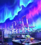  agent_3_(splatoon_3) artist_name aurora blonde_hair cargo chain-link_fence construction fence highres mizushishi night night_sky outdoors scenery shipping_container short_hair sitting sky splatoon_(series) splatoon_3 star_(sky) 