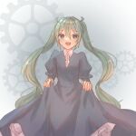  1girl :d aqua_eyes aquamarinu blue_dress chaban_capriccio_(vocaloid) clockworker&#039;s_doll dress evillious_nendaiki fang gears green_hair grey_background hatsune_miku heartbeat_clocktower_(vocaloid) highres houtei_no_nushi juliet_sleeves long_hair long_sleeves looking_at_viewer master_of_the_court_(vocaloid) petticoat puffy_sleeves skin_fang skirt_hold smile solo twintails very_long_hair victorian vocaloid 