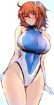  1girl ahoge bangs bare_shoulders blue_one-piece_swimsuit blush breasts covered_navel fate/grand_order fate_(series) fujimaru_ritsuka_(female) gloves highleg highleg_swimsuit kumakichi_(cost-lost) large_breasts looking_at_viewer one-piece_swimsuit one_side_up orange_eyes orange_hair short_hair smile solo swimsuit thighs two-tone_swimsuit white_gloves white_one-piece_swimsuit 