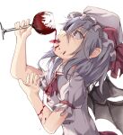  1girl ascot bat_wings commentary_request cup drinking drinking_glass from_side grey_hair hat hat_ribbon highres holding holding_cup mahimaru mob_cap open_mouth red_ascot red_eyes red_ribbon remilia_scarlet ribbon short_hair short_sleeves simple_background solo tongue tongue_out touhou upper_body vampire white_background white_headwear wine_glass wings 