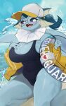 1girl :3 absurdres bare_shoulders baseball_cap beach blue_hair blue_one-piece_swimsuit blue_sclera blue_skin blue_sky blue_theme breasts cameltoe cetacean_tail cleavage cloud colored_sclera colored_skin commentary covered_navel day english_text fang fins fish_tail furry furry_female glasses half-closed_eyes hand_on_own_chest hands_up happy hat head_fins heart highres holding holding_innertube innertube jacket kneeling large_breasts lifeguard long_sleeves looking_at_viewer multicolored_clothes multicolored_headwear off-shoulder_jacket off_shoulder one-piece_swimsuit open_mouth outdoors personification pince-nez pokemon pokemon_(creature) ponytail round_eyewear shiny_skin short_hair sky smile solo swimsuit symbol-only_commentary tail thick_thighs thighs tongue transparent vaporeon water wet white_eyes wide_hips yellow_jacket yoru_(yoru_vida) 