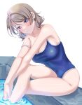  1girl bare_shoulders blue_eyes blue_one-piece_swimsuit blush breasts brown_hair collarbone covered_navel crossed_arms crossed_legs facing_viewer highres looking_at_viewer love_live! love_live!_sunshine!! medium_breasts mei_hinamatsu one-piece_swimsuit pool poolside school_swimsuit short_hair simple_background sitting solo swimsuit thighs watanabe_you water wet white_background 
