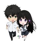  1boy 1girl :o artist_logo black_hair black_pants blush brown_hair chibi chitanda_eru couple dress_shirt green_eyes heart hetero highres holding_hands hyouka kamiyama_high_school_uniform_(hyouka) long_hair looking_at_another looking_at_viewer mery_(yangmalgage) open_mouth oreki_houtarou pants pointing pointing_forward purple_eyes sailor_collar school_uniform serafuku shirt short_hair simple_background skirt socks watch white_background white_shirt white_socks wristwatch 