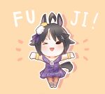  1girl ahoge animal_ears black_hair blush character_name chibi chokueji dress ear_bow ear_ornament fuji_kiseki_(umamusume) highres horse_ears horse_girl horse_tail multicolored_hair one_eye_closed open_mouth purple_dress short_hair simple_background smile solo spade_hands streaked_hair tail umamusume white_hair 