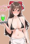  1girl bikini black_bikini blush bow breasts brown_background brown_eyes brown_hair cleavage closed_mouth commentary_request cowboy_shot dated food furaggu_(frag_0416) hair_bow highres holding holding_tray ice_cream ice_cream_float kantai_collection large_breasts long_hair looking_at_viewer mamiya_(kancolle) navel one-hour_drawing_challenge red_bow simple_background solo swimsuit tray twitter_username 