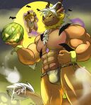  abs anthro asian_clothing biceps chest_tuft clothing dragon east_asian_clothing food fruit fundoshi hair horn japanese_clothing lofnirv looking_at_viewer male melon muscular muscular_anthro muscular_male outside pecs plant smile solo tail teeth tuft underwear watermelon 