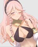  1girl alternate_costume artist_name bare_shoulders blush braid breasts cleavage collarbone dancer fire_emblem fire_emblem_awakening fire_emblem_heroes grey_background hair_between_eyes headband light_smile long_hair medium_breasts midriff multiple_braids navel o-ring o-ring_top official_alternate_costume olivia_(fire_emblem) olivia_(performing_arts)_(fire_emblem) one_eye_closed pink_eyes pink_hair simple_background skeptycally smile solo twitter_username upper_body 