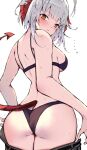  1girl arknights ass black_panties blush clothes_pull demon_tail from_behind highres kyuu_(plastic_night_q) looking_at_viewer looking_back orange_eyes panties pants pants_pull red_eyes simple_background solo sweat tail underwear w_(arknights) white_background white_hair 