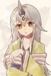  1girl abstract_background gem grey_hair hair_between_eyes hand_up horns jacket japanese_clothes kimono kureha_yuna long_hair long_sleeves looking_at_viewer magia_record:_mahou_shoujo_madoka_magica_gaiden magical_girl mahou_shoujo_madoka_magica obi parted_lips sash sidelocks single_horn solo suzumoto_akiho_(artist) upper_body very_long_hair yellow_eyes yellow_jacket 