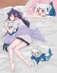  3girls @_@ ahoge animal_ear_fluff animal_ears aoi_(aoisaka) bare_arms bare_legs barefoot bed_sheet black_shorts blue_hair blunt_bangs cat_ears closed_eyes commentary dual_persona english_commentary feet fins fish_tail full_body gawr_gura grey_shirt highres hololive hololive_english kneepits legs long_hair long_sleeves lying minigirl multicolored_hair multiple_girls ninomae_ina&#039;nis on_side open_mouth pointy_ears purple_hair red_hair reflect_(gawr_gura) shark_tail sharp_teeth shirt short_shorts shorts sketch sleeping streaked_hair t-shirt tail teeth tongue tongue_out two-tone_hair two_side_up virtual_youtuber white_hair wide_sleeves 