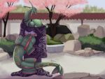  anthro asian_clothing big_breasts breasts clothed clothing east_asian_clothing female generation_3_pokemon green_body hi_res japanese_clothing kimono legendary_pokemon nintendo nipples outside pokemon pokemon_(species) rayquaza solo vikhop 