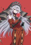  1girl bare_shoulders blazing_cartesia_the_virtuous breasts bridal_veil cleavage_cutout clothing_cutout detached_sleeves dress duel_monster ecclesia_(yu-gi-oh!) flower gauntlets grey_hair highres holding holding_flower long_hair long_sleeves noppe12792533 open_mouth puffy_long_sleeves puffy_sleeves red_dress red_eyes smile solo veil yu-gi-oh! 
