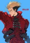  1boy black_hair blonde_hair blue_background blue_eyes earrings highres jacket jewelry male_focus mole mole_under_eye multicolored_hair natsushio_(x2i2a) parted_lips red_jacket short_hair simple_background single_earring solo spiked_hair trigun twitter_username two-tone_hair vash_the_stampede 
