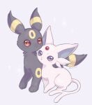  :o closed_mouth commentary_request espeon forehead_jewel grey_background highres ichino_cco looking_at_viewer no_humans pokemon pokemon_(creature) purple_eyes red_eyes twitter_username umbreon watermark 