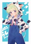  1boy alternate_costume animal_print blue_background blue_overalls border bottle cow_hood cow_print cow_tail drinking ear_tag earrings fake_tail green_hair hand_on_own_hip highres holding holding_bottle hood hoodie jewelry kouhara_yuyu light_blush lio_fotia long_sleeves male_focus milk_bottle otoko_no_ko overalls print_hoodie promare purple_eyes short_hair solo standing tail triangle_earrings v-shaped_eyebrows white_border 