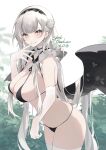  1girl absurdres alternate_costume azur_lane bikini black_bikini black_wings blunt_bangs breasts cleavage commentary_request commission cowboy_shot cross-shaped_pupils elbow_gloves feathered_wings flower frills gloves grey_hair hair_flower hair_ornament highres komegoma505 large_breasts leaf light_blush long_hair looking_at_viewer maid maid_headdress outdoors red_eyes scylla_(azur_lane) skeb_commission smile solo swimsuit symbol-shaped_pupils thighhighs thighs very_long_hair white_gloves white_thighhighs wings 
