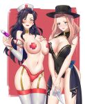  2girls alternate_costume bare_shoulders black_hair blue_eyes breasts brown_hair cleavage commission cornelia_arnim fire_emblem fire_emblem:_the_blazing_blade fire_emblem:_three_houses halloween halloween_costume highres holding holding_syringe igni_tion large_breasts long_hair multiple_girls sonia_(fire_emblem) syringe yellow_eyes 