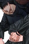  2boys after_kiss arm_tattoo black_hair black_jacket black_nails black_pants blush buttons closed_eyes clothes_lift commentary_request fushiguro_megumi fushirun_rung hand_mouth hand_on_another&#039;s_stomach highres hood hoodie jacket jujutsu_kaisen long_sleeves male_focus multiple_boys pants pubic_tattoo red_hoodie ryoumen_sukuna_(jujutsu_kaisen) saliva school_uniform shirt short_hair spiked_hair tattoo tongue tongue_out yaoi 
