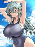  1girl aqua_eyes aqua_hair arms_behind_head arms_up beach black_one-piece_swimsuit blue_one-piece_swimsuit blush breasts cloud cloudy_sky competition_swimsuit covered_navel cowboy_shot dated day dutch_angle hair_between_eyes hair_ornament hairclip highleg highleg_swimsuit highres impossible_clothes impossible_swimsuit indoors kantai_collection large_breasts long_hair looking_at_viewer montemasa multicolored_clothes multicolored_swimsuit ocean one-piece_swimsuit open_mouth sky smile solo suzuya_(kancolle) swimsuit twitter_username two-tone_swimsuit 
