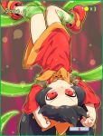  1girl arms_up ashley_(warioware) black_hair clenched_hands clothes_lift dress dress_lift long_hair red_dress red_eyes red_footwear restrained shoes short_dress suspension tentacles thighs tokkyuu_mikan twintails upside-down warioware 