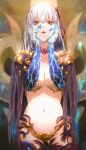  1girl armor bikini_armor blue_skin body_markings cape colored_skin fate/grand_order fate_(series) flower gradient_skin hair_between_eyes hair_ribbon hands_on_own_face kama_(fate) kama_(third_ascension)_(fate) kdm_(ke_dama) lips long_hair looking_at_viewer navel parted_lips purple_cape red_eyes red_flower red_ribbon red_rose revealing_clothes ribbon rose solo stomach white_hair 