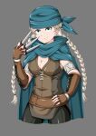  1girl absurdres bandana blue_bandana braid breasts cleavage commission commissioner_upload facing_viewer fire_emblem fire_emblem_awakening fire_emblem_fates gloves hand_on_own_hip highres holding holding_knife knife leather leather_gloves looking_at_viewer low_twin_braids medium_breasts nina_(fire_emblem) non-web_source smile solo throwing_knife twin_braids villager_c weapon white_hair 
