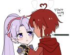  1boy 1girl ? artist_name asukaaasuu azelle_(fire_emblem) blush cape coat confused dress fire_emblem fire_emblem:_genealogy_of_the_holy_war gameplay_mechanics hairband health_bar heart highres long_hair open_mouth ponytail purple_hair red_cape red_hairband tailtiu_(fire_emblem) very_long_hair white_dress 