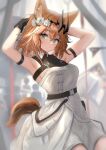  1girl animal_ear_fluff animal_ears arknights arm_strap armpits arms_up bare_arms bare_shoulders belt black_belt brown_hair commentary_request dress flower grey_eyes hair_flower hair_ornament highres looking_at_viewer rose short_hair solo sora_mame_(princess_0sora) tail vendela_(arknights) white_dress white_flower white_rose 