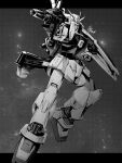  arm_shield beam_rifle chanmura clenched_hand energy_gun full_body greyscale gun gundam gundam_mk_ii highres holding holding_gun holding_weapon letterboxed mecha monochrome outside_border robot science_fiction solo space v-fin weapon weapon_on_back zeta_gundam 