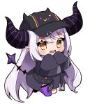  1girl absurdres bibi_(tokoyami_towa) blush chibi coat grey_hair heart heart-shaped_pupils highres hololive horns la+_darknesss la+_darknesss_(1st_costume) long_hair mashiro_io open_mouth pointy_ears purple_thighhighs simple_background single_thighhigh sleeves_past_fingers sleeves_past_wrists solo striped_horns symbol-shaped_pupils tail thighhighs virtual_youtuber white_background yellow_eyes 