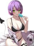  1girl black_bra black_panties blush bow bow_bra bra breasts cardigan cardigan_partially_removed cleavage collarbone demon_tail ear_piercing eating food food_on_body food_on_breasts gradient_hair green_eyes hair_ornament hairpin highres holding holding_food holding_popsicle hololive large_breasts multicolored_hair navel panties piercing pink_hair popsicle purple_cardigan purple_hair short_hair sitting solo stomach tail tail_ornament tail_piercing thigh_strap tokoyami_towa tongue tongue_out udonpan underwear virtual_youtuber white_background x_hair_ornament 