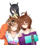  3girls absurdres agnes_tachyon_(umamusume) ahoge animal_ears bare_shoulders black_hair casual collarbone cover earrings eyes_visible_through_hair frilled_shirt_collar frills grin hair_between_eyes head_tilt highres horse_ears horse_girl jacket jewelry jungle_pocket_(umamusume) long_hair manhattan_cafe_(umamusume) medium_hair multicolored_hair multiple_girls off-shoulder_shirt off_shoulder official_alternate_costume one_eye_closed orange_jacket pendant pink_background purple_shirt red_eyes ryochapu selfie selfie_stick shirt simple_background single_earring smile tank_top two-tone_hair umamusume upper_body v very_long_hair wavy_hair white_background white_hair white_tank_top yellow_eyes 