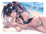  3girls beach bikini black_hair black_rock_shooter black_rock_shooter_(character) black_rock_shooter_fragment blonde_hair blue_eyes breasts constance_(brs_fragment) copyright copyright_name day eyewear_on_head flaming_eye hermit_crab highres long_hair looking_at_viewer lying medium_breasts multiple_girls nichola_(brs_fragment) official_alternate_costume official_art on_side outdoors sand second-party_source standing star-shaped_pupils star_(symbol) summer sunglasses swimsuit symbol-shaped_pupils twintails wading white_bikini yoshiku_(oden-usagi) 