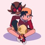  1boy backwards_hat black_eyes black_hair closed_mouth commentary cyndaquil egg ethan_(pokemon) hand_up hat head_rest highres hoothoot jacket long_sleeves male_focus pokemon pokemon_(creature) pokemon_(game) pokemon_egg pokemon_gsc red_footwear red_jacket red_socks shoes short_hair shorts sitting socks symbol-only_commentary tyako_089 yellow_shorts 